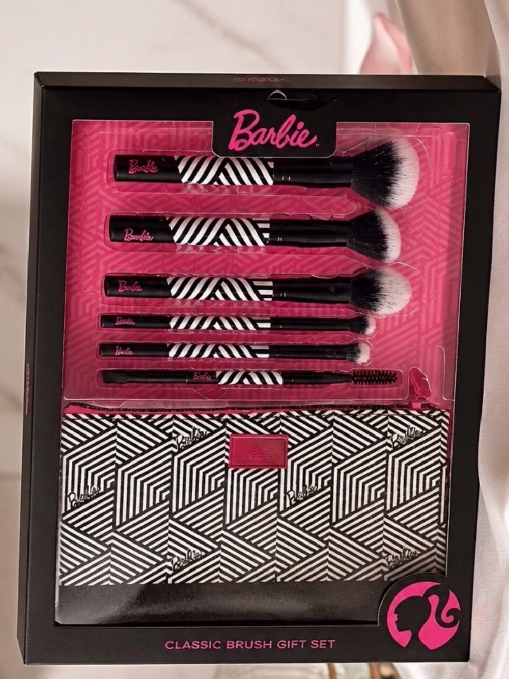 Mattel Barbie Black & White Geometric Makeup Brush Set with Pink Accents